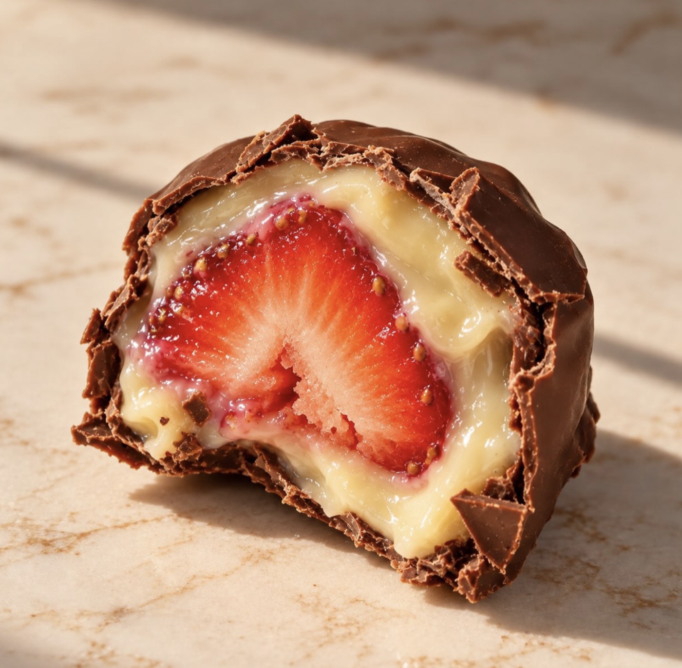 Trufa de morango cortada ao meio, com o morango, o brigadeiro branco e a cobertura de chocolate à mostra