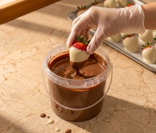 Mão com luva mergulhando um morango no chocolate